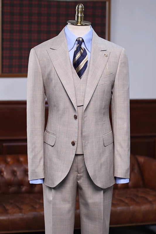 Broderick Khaki Plaid Three-Piece Peaked Lapel Prom Suit