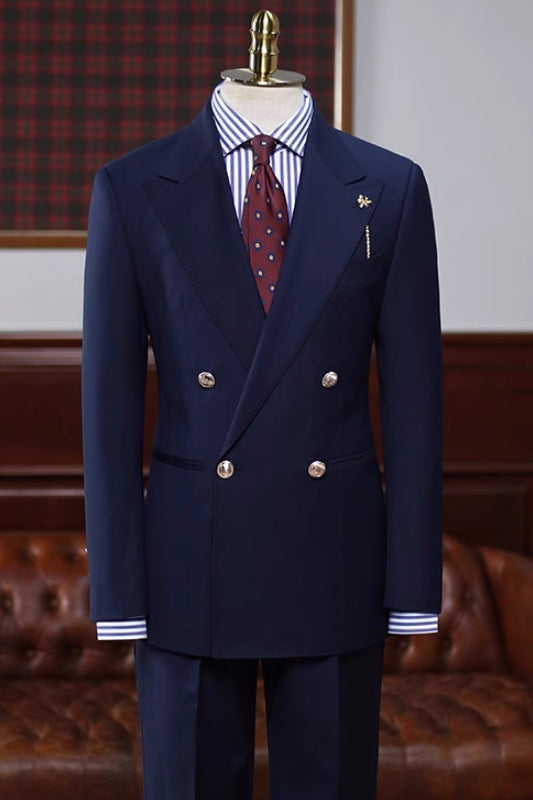 Boris Elegant Navy Blue Peaked Lapel Double-Breasted Prom Suit