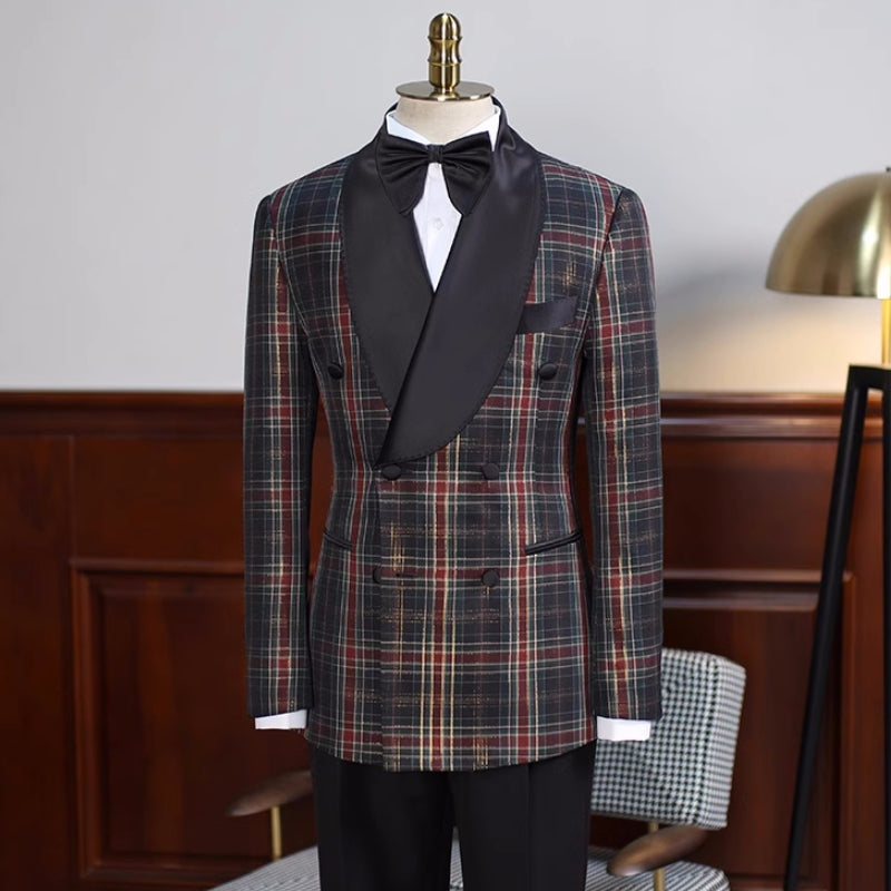 Brandon Black Plaid Double-Breasted Shawl Lapel Prom Suit