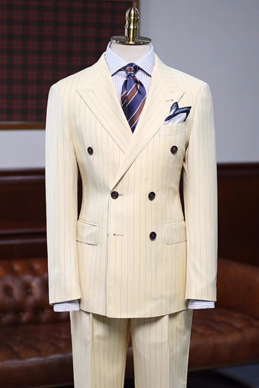 Burton Champagne Striped Double-Breasted Peaked Lapel Prom Suit