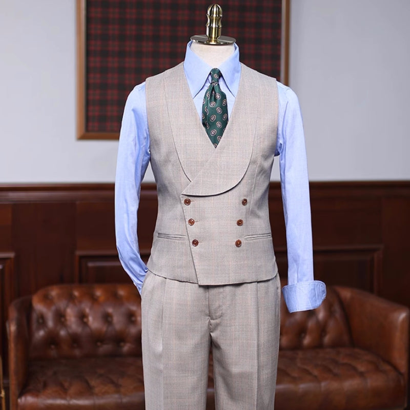 Broderick Khaki Plaid Three-Piece Peaked Lapel Prom Suit