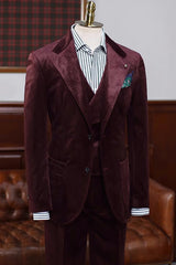 Chad Burgundy Velvet Three-Piece Notched Lapel Prom Suit