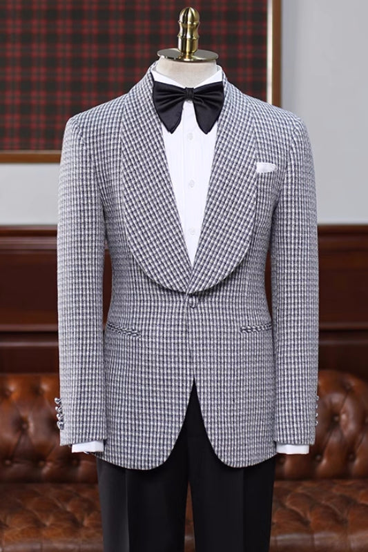 Charles Stylish Black Plaid Shawl Lapel Wedding Suit for Men