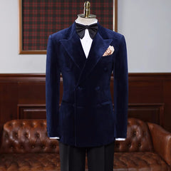 Christ Navy Blue Double-Breasted Velvet Peaked Lapel Prom Suit