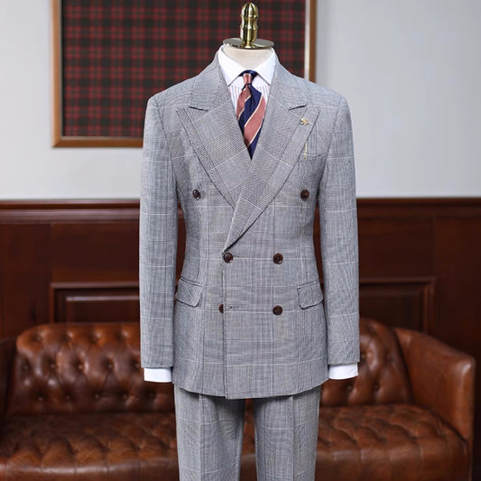 Christopher Gentle Gray Plaid Peaked Lapel Double Breasted Business Suit