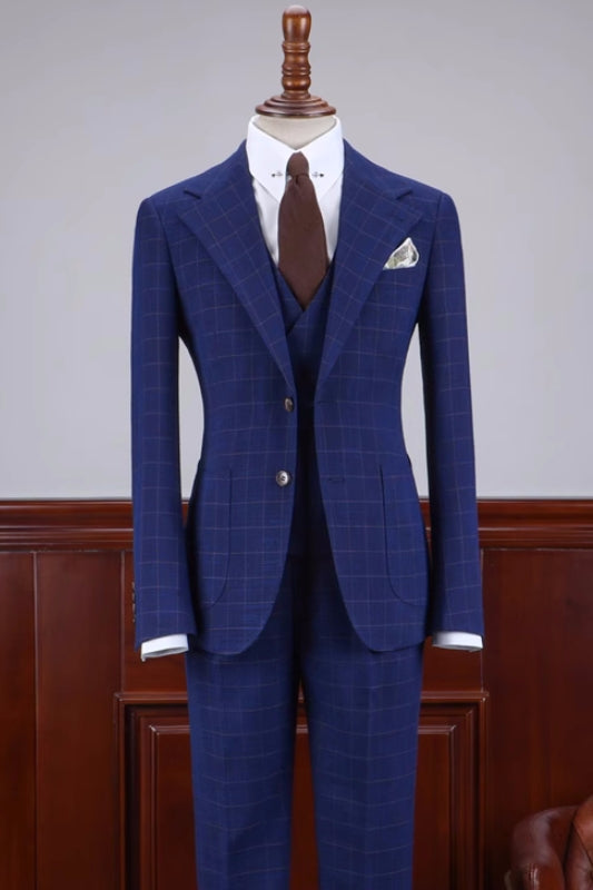 Curtis Stylish Dark Blue Plaid Notched Lapel 3-Piece Business Suit