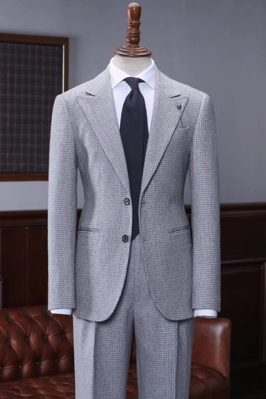 Cornelius Modern Gray Plaid Peaked Lapel Prom Suit