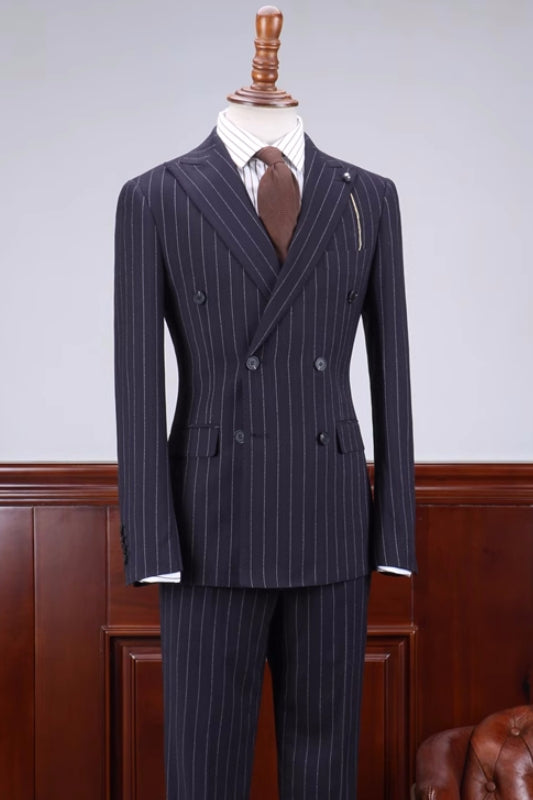 Cyril Special Navy Blue Striped Peaked Lapel Double Breasted Business Suit