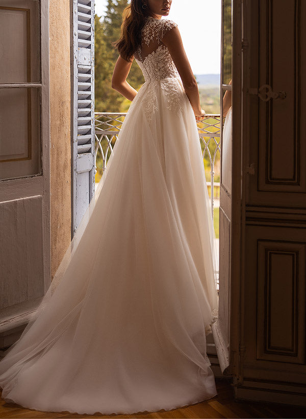 Illusion Neck Short Sleeves Tulle Wedding Dress With High Split