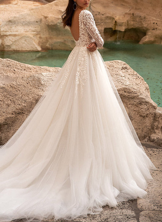 A-Line Square Neckline Tulle Wedding Dresses With Appliques Lace