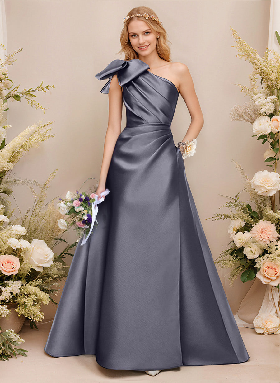 A-Line One-Shoulder Sleeveless Satin Bridesmaid Dresses With Bow(s) and Pockets