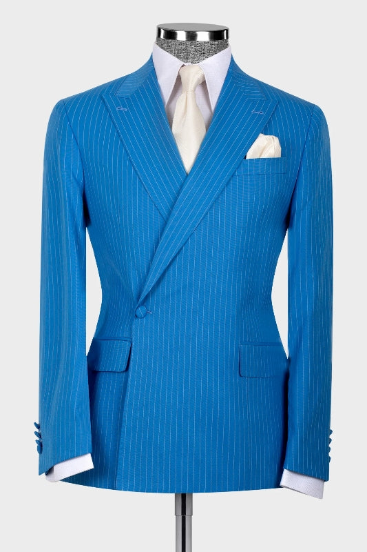 Harley Generous Blue Striped Peaked Lapel Bespoke Prom Suit