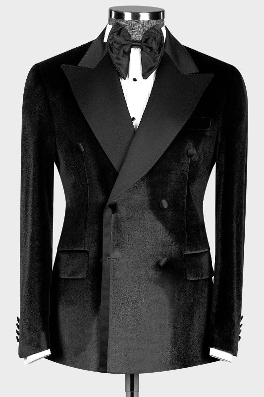 Harris Mind Black Peaked Lapel Double Breasted Velvet Prom Suit