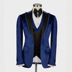 Hayes Navy Blue Three-Piece Velvet Peaked Lapel Prom Suit