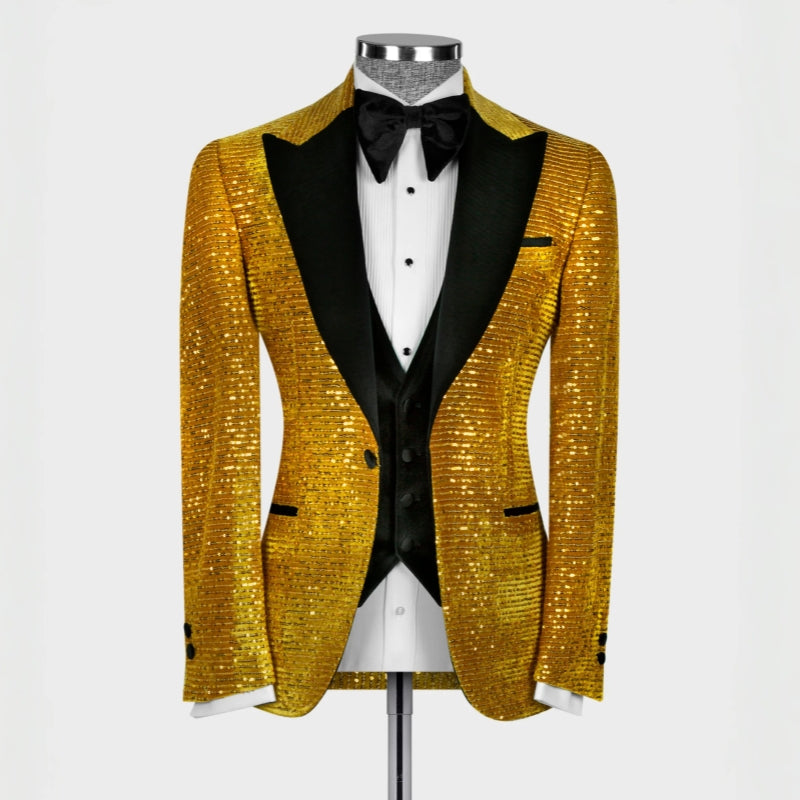 Hilary Gold Sequin Three-Piece Peaked Lapel Prom Suit