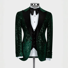 Hiram Dark Green Sequins Peaked Lapel Three-Piece Prom Suit