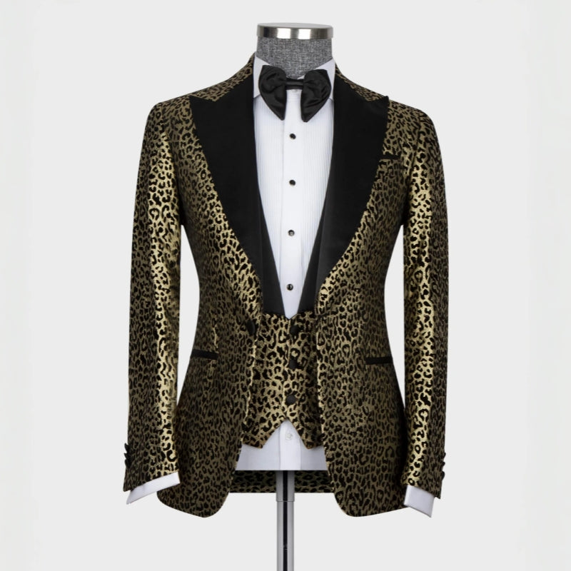 Henry Chic Gold Jacquard Peaked Lapel 3-Piece Prom Suit