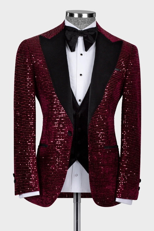 Hobart Generous Burgundy Peaked Lapel 3-Piece Sequins Prom Suit