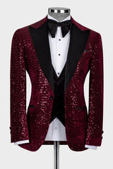 Hobart Generous Burgundy Peaked Lapel 3-Piece Sequins Prom Suit