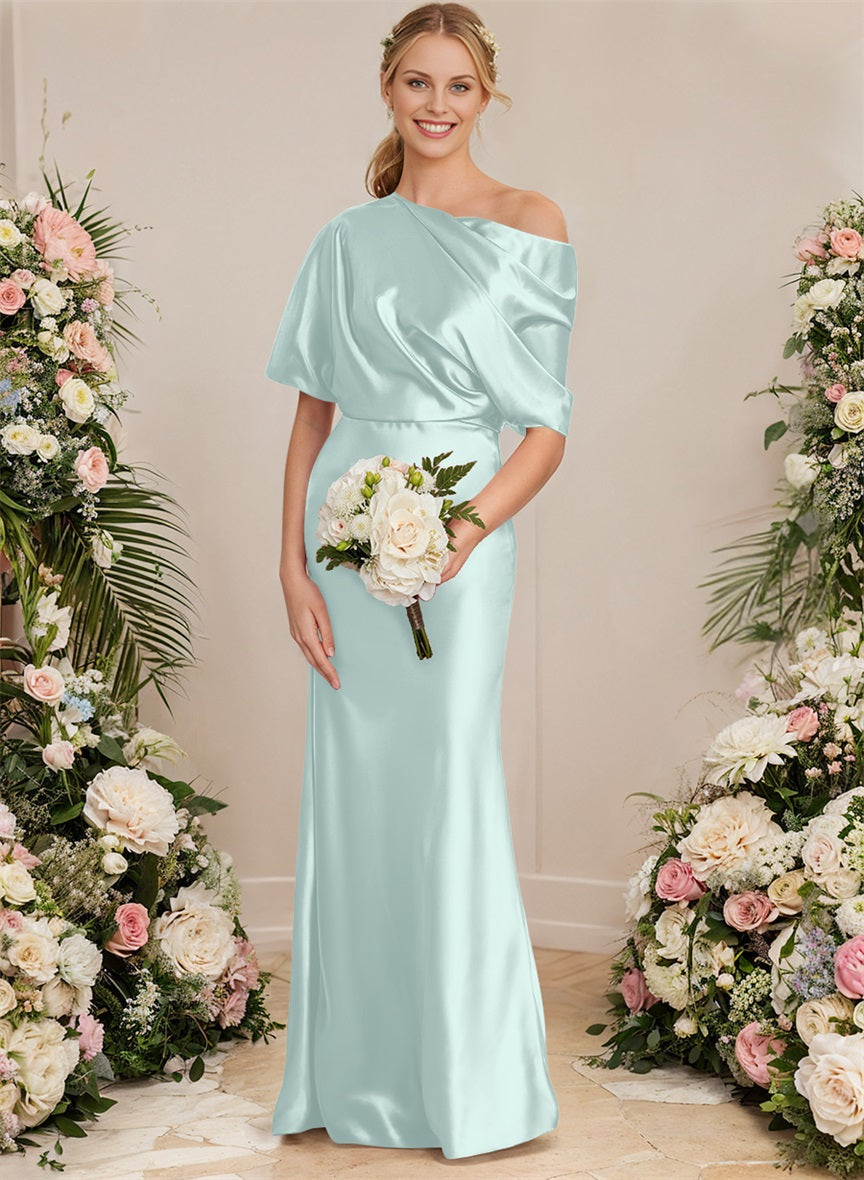 Asymmetrical Neck Short Sleeves Bridesmaid Dresses