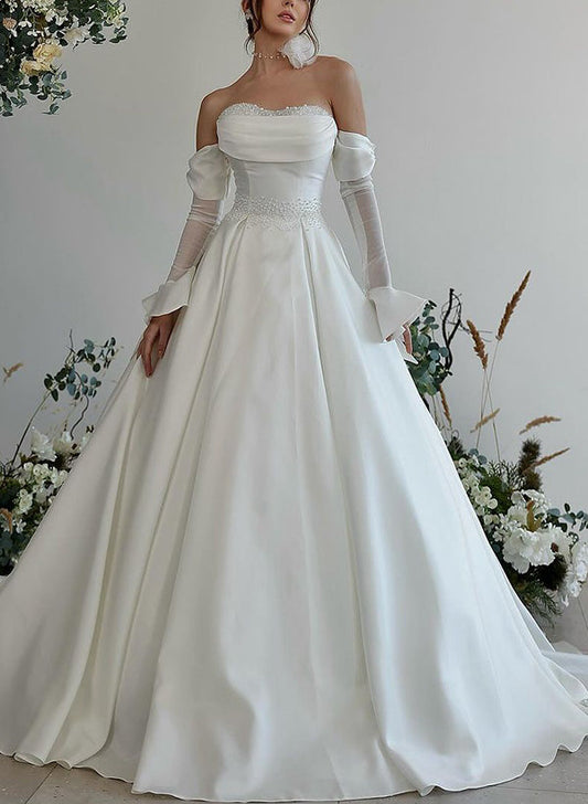 Sweetheart Long Sleeves Silk Like Satin Wedding Dress With Beading