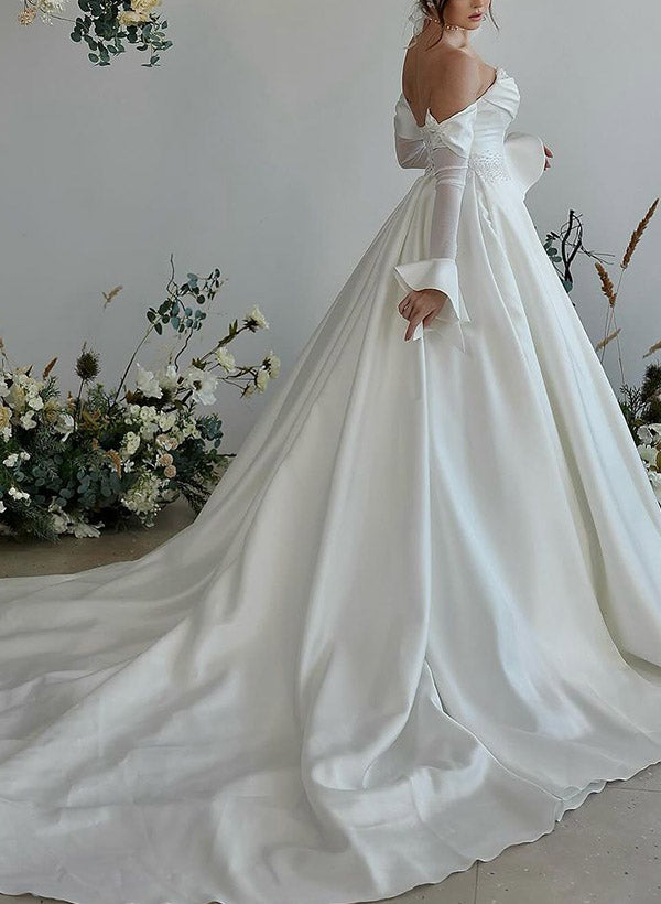 Sweetheart Long Sleeves Silk Like Satin Wedding Dress With Beading