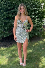 Red Glitter Corset Sequin Tight Short Mirror Homecoming Dress