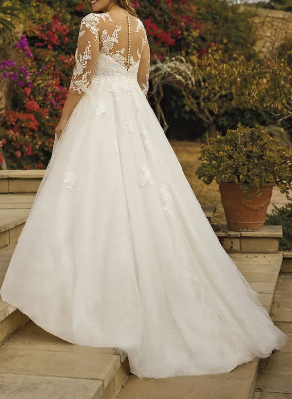 Illusion Neck A-Line Wedding Dresses with Sequins Lace/Tulle and 3/4 Sleeves