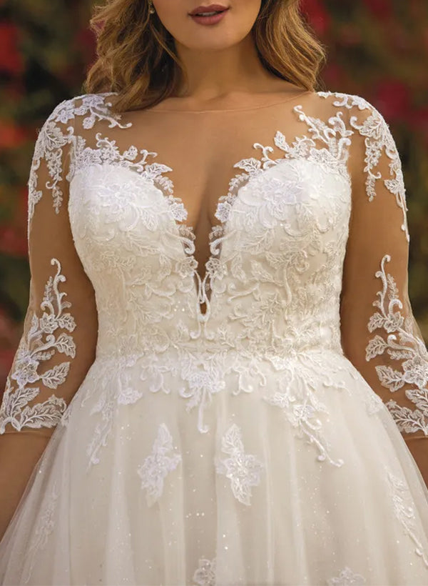 Illusion Neck A-Line Wedding Dresses with Sequins Lace/Tulle and 3/4 Sleeves