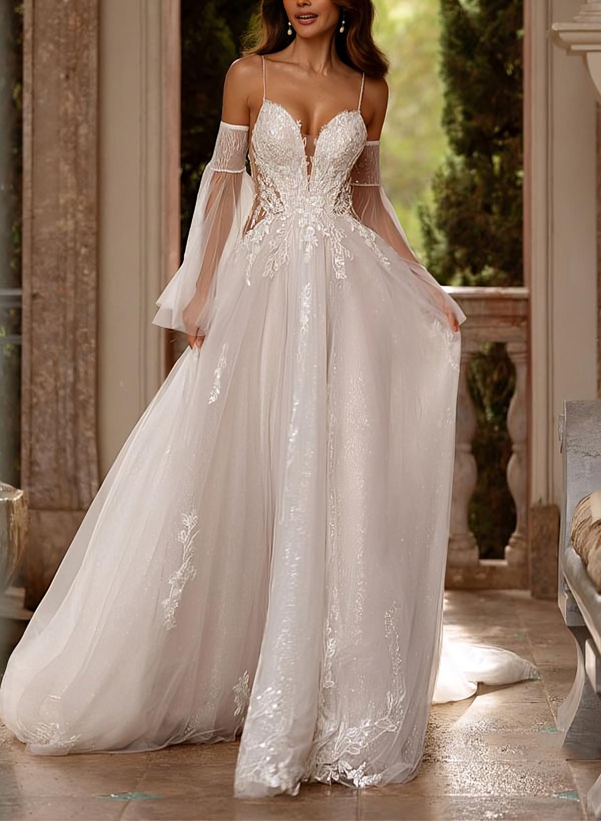 Sweetheart Court Train Wedding Dresses With Appliques Lace