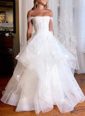 Off-The-Shoulder Tulle Wedding Dress With Cascading Ruffles