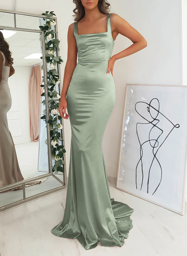 Satin Mermaid Bridesmaid Dress with Square Neckline Sleeveless and Sweep Train