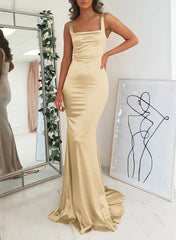 Satin Mermaid Bridesmaid Dress with Square Neckline Sleeveless and Sweep Train