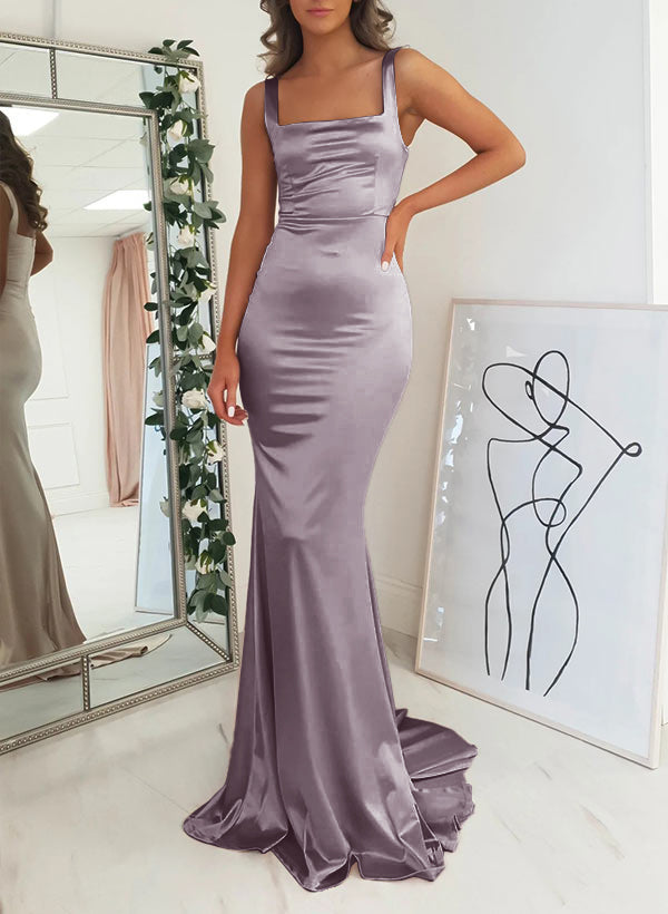 Satin Mermaid Bridesmaid Dress with Square Neckline Sleeveless and Sweep Train