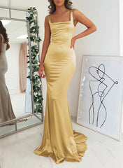 Satin Mermaid Bridesmaid Dress with Square Neckline Sleeveless and Sweep Train