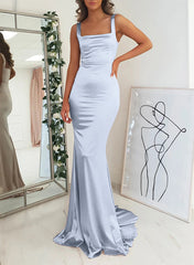 Satin Mermaid Bridesmaid Dress with Square Neckline Sleeveless and Sweep Train