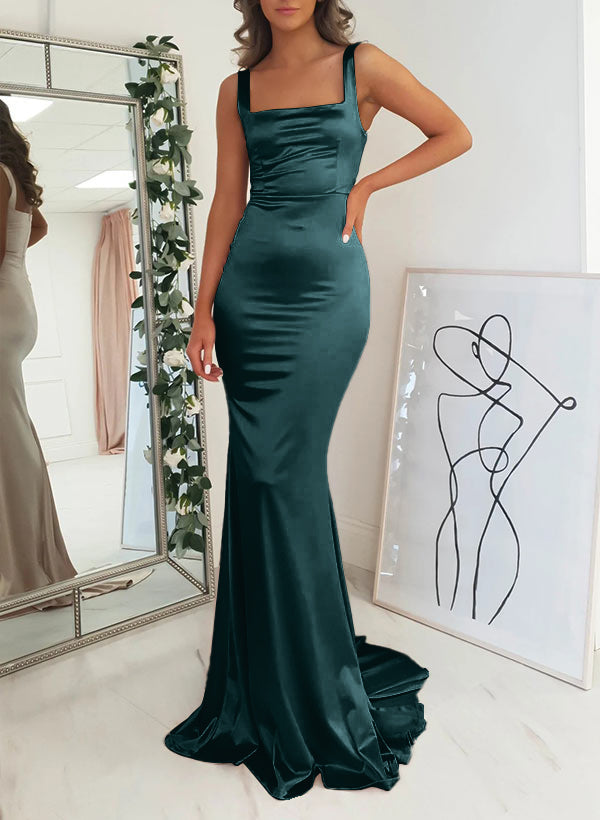 Satin Mermaid Bridesmaid Dress with Square Neckline Sleeveless and Sweep Train