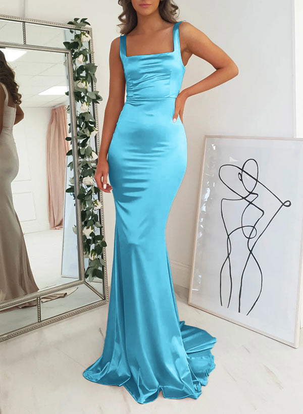 Satin Mermaid Bridesmaid Dress with Square Neckline Sleeveless and Sweep Train