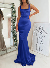 Satin Mermaid Bridesmaid Dress with Square Neckline Sleeveless and Sweep Train