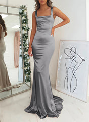 Satin Mermaid Bridesmaid Dress with Square Neckline Sleeveless and Sweep Train