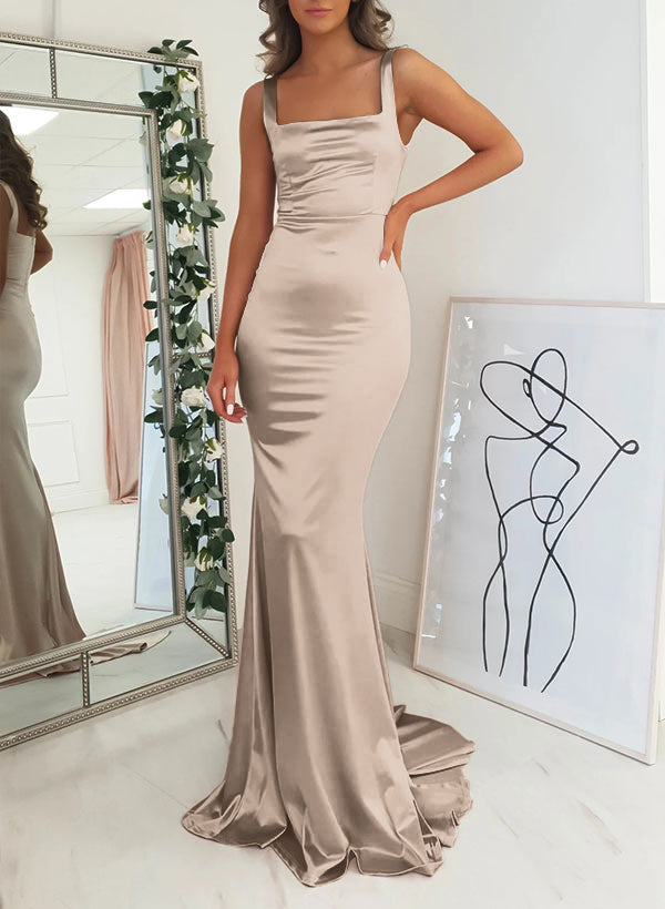 Satin Mermaid Bridesmaid Dress with Square Neckline Sleeveless and Sweep Train