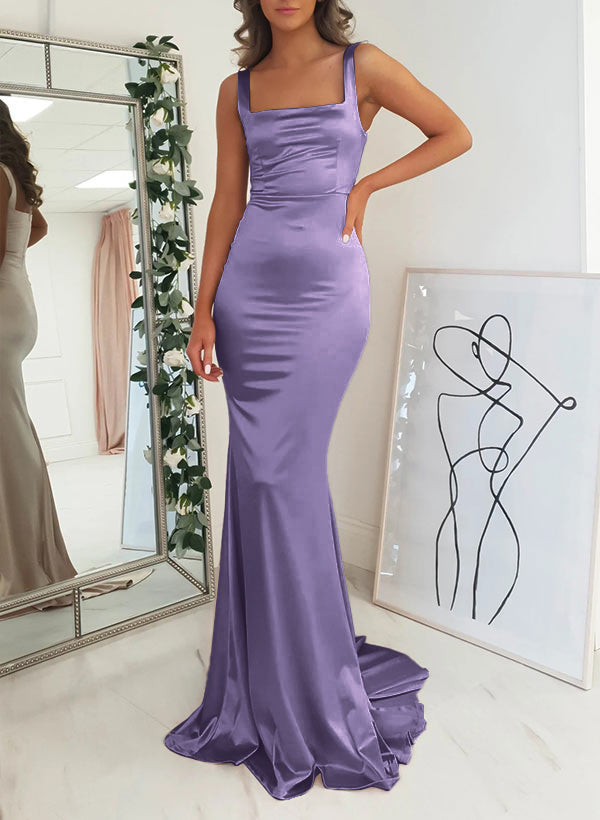 Satin Mermaid Bridesmaid Dress with Square Neckline Sleeveless and Sweep Train