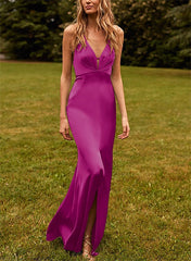 Halter Sleeveless Trumpet/Mermaid Floor-Length Bridesmaid Dresses crafted from Silk Like Satin