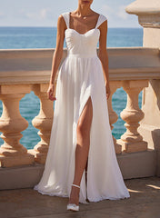 A-Line Square Neckline Sleeveless Chiffon Wedding Dresses With High Split