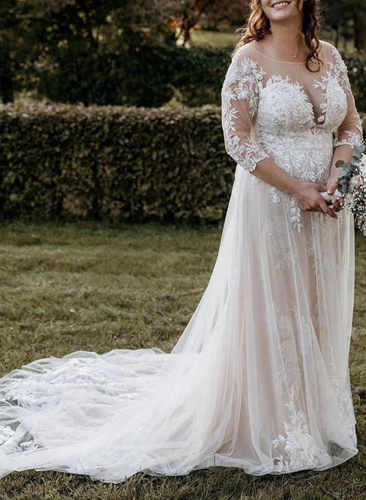 Illusion Neck A-Line Wedding Dresses with 3/4 Sleeves and Court Train in Lace/Tulle