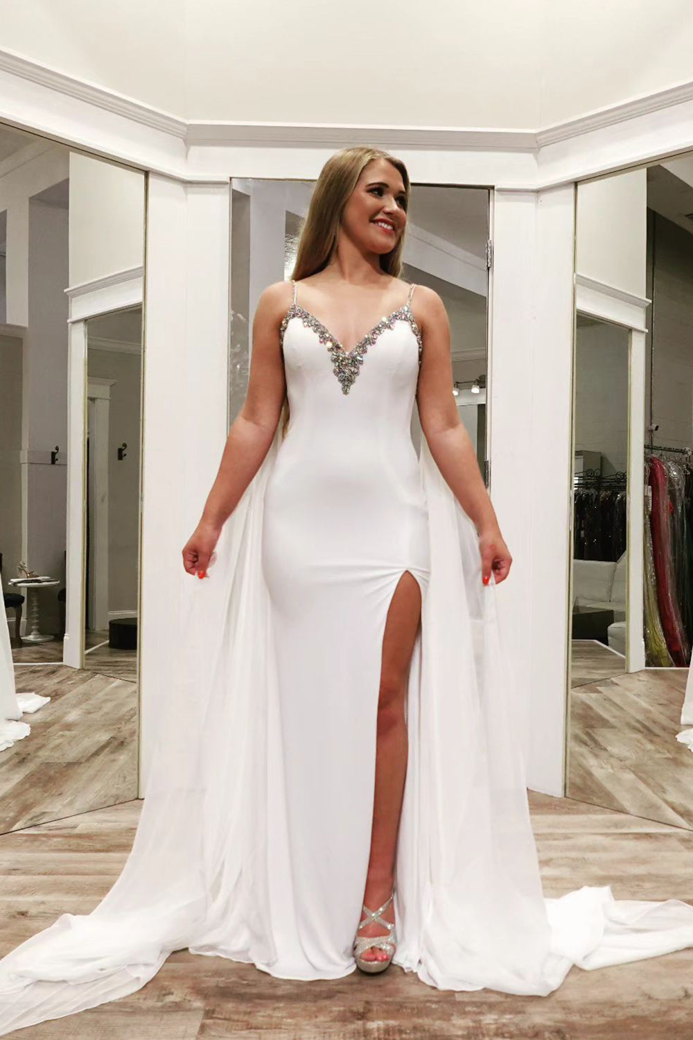 Sparkly White Long Beaded Watteau Train Prom Dress with Slit