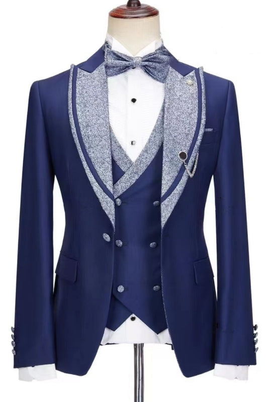 Dark Blue Bespoke Peaked Lapel Three-Piece Wedding Suit - Newest