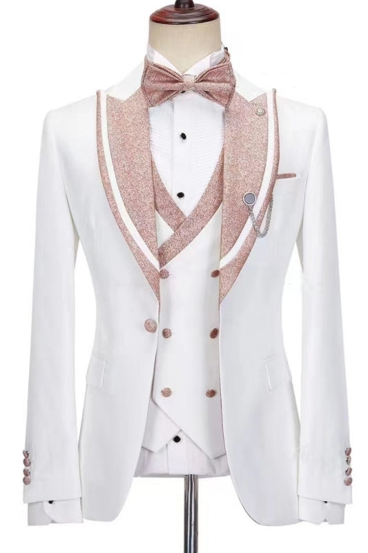 Stylish White Slim Fit Peaked Lapel Three-Piece Wedding Suit