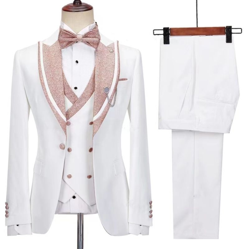 Stylish White Slim Fit Peaked Lapel Three-Piece Wedding Suit