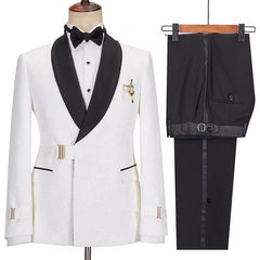 Modern White Jacquard Shawl Lapel Wedding Suit with Gold Buckle